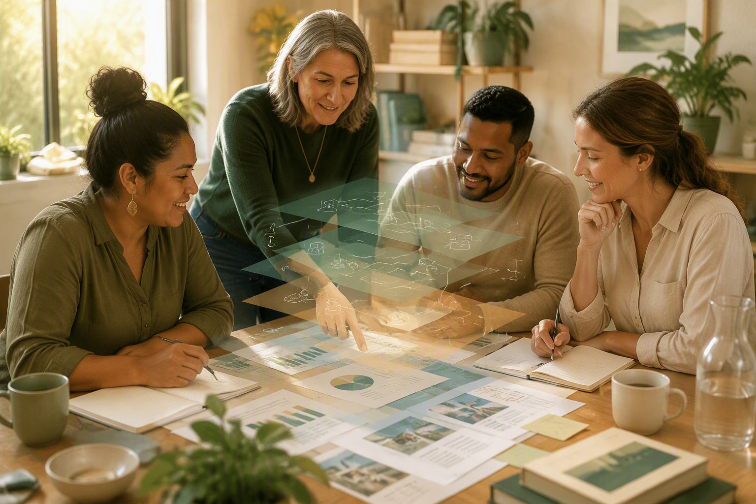 A small team gathered around a table of charts and reports, with a soft layered graphic suggesting AI support beneath their work.