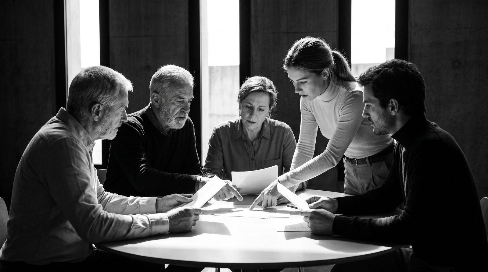 Five board members standing and sitting around a table, examining printed reports together.