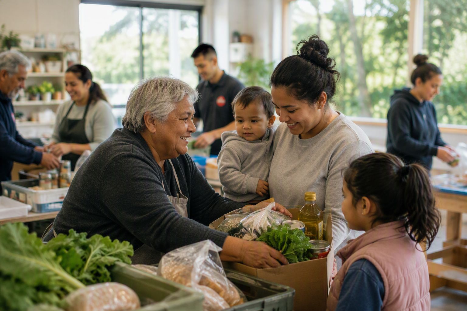 Volunteers and families sorting fresh produce and groceries together at a community distribution centre.