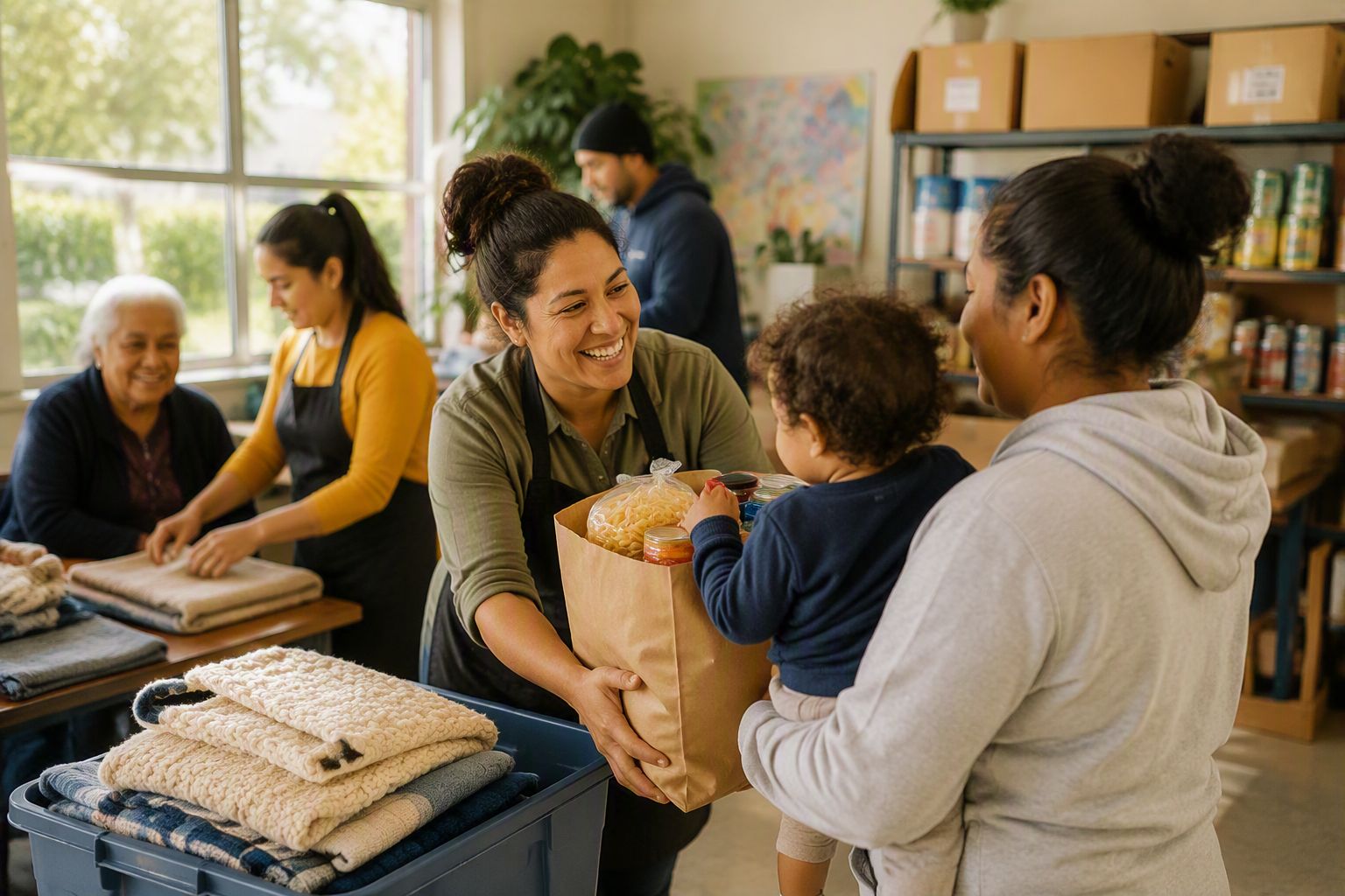 Volunteers at a community food bank handing a parcel of groceries to a parent holding a young child.