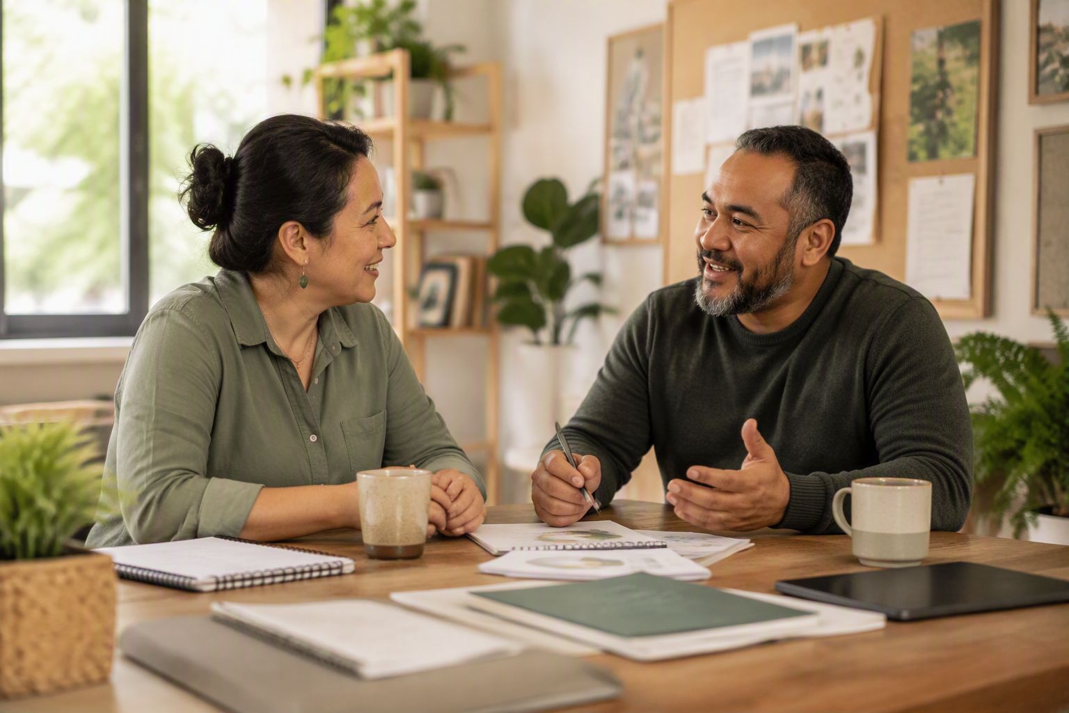 Two people in conversation across a desk in a community organisation office.