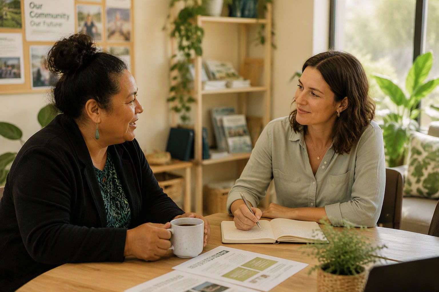 Two women talking one to one across a table in a community office, one taking notes, a pinboard reading Our Community Our Future behind them.