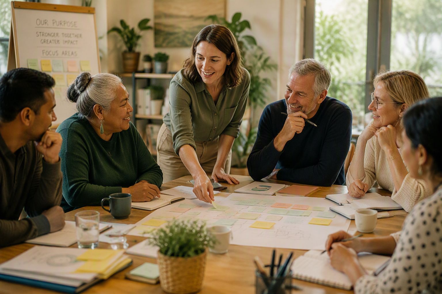 A facilitator leading a workshop around a table covered in sticky notes, beneath a whiteboard reading 