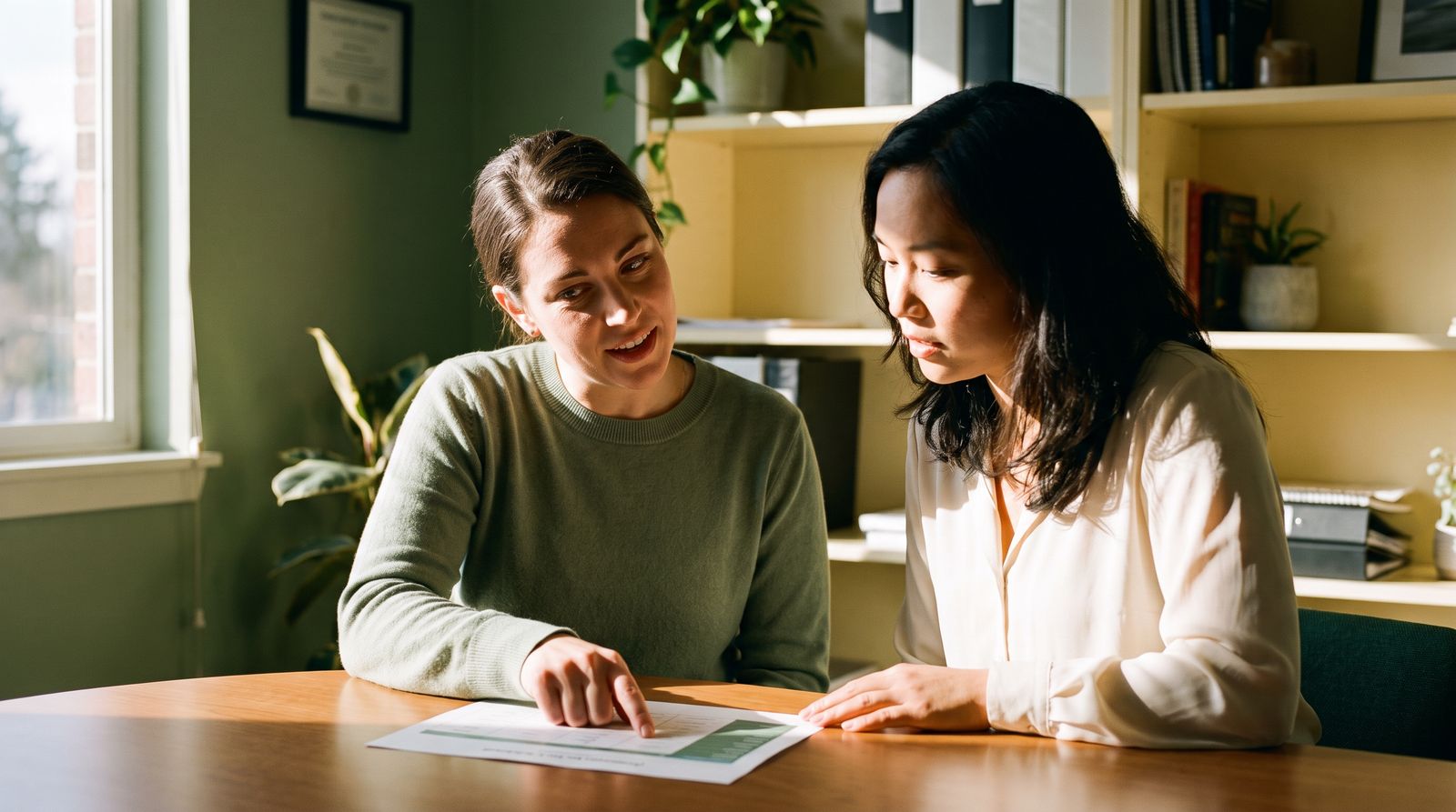 Two colleagues reading through a printed report together at a desk.