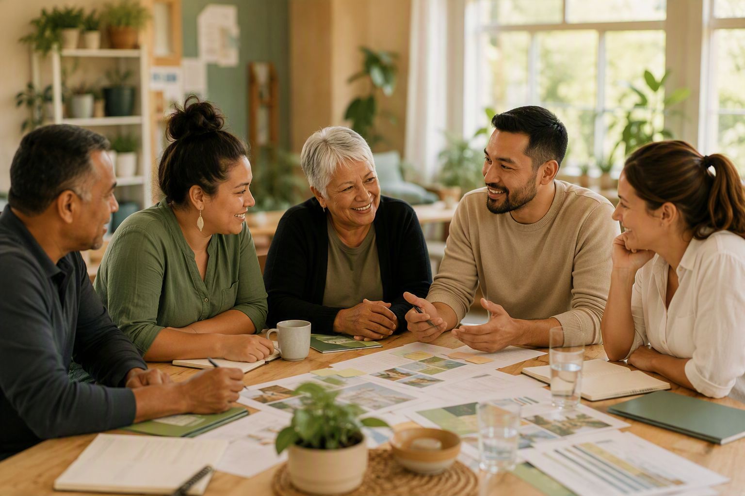 Five people talking around a table in a warm community meeting room, papers and notebooks spread out in front of them.