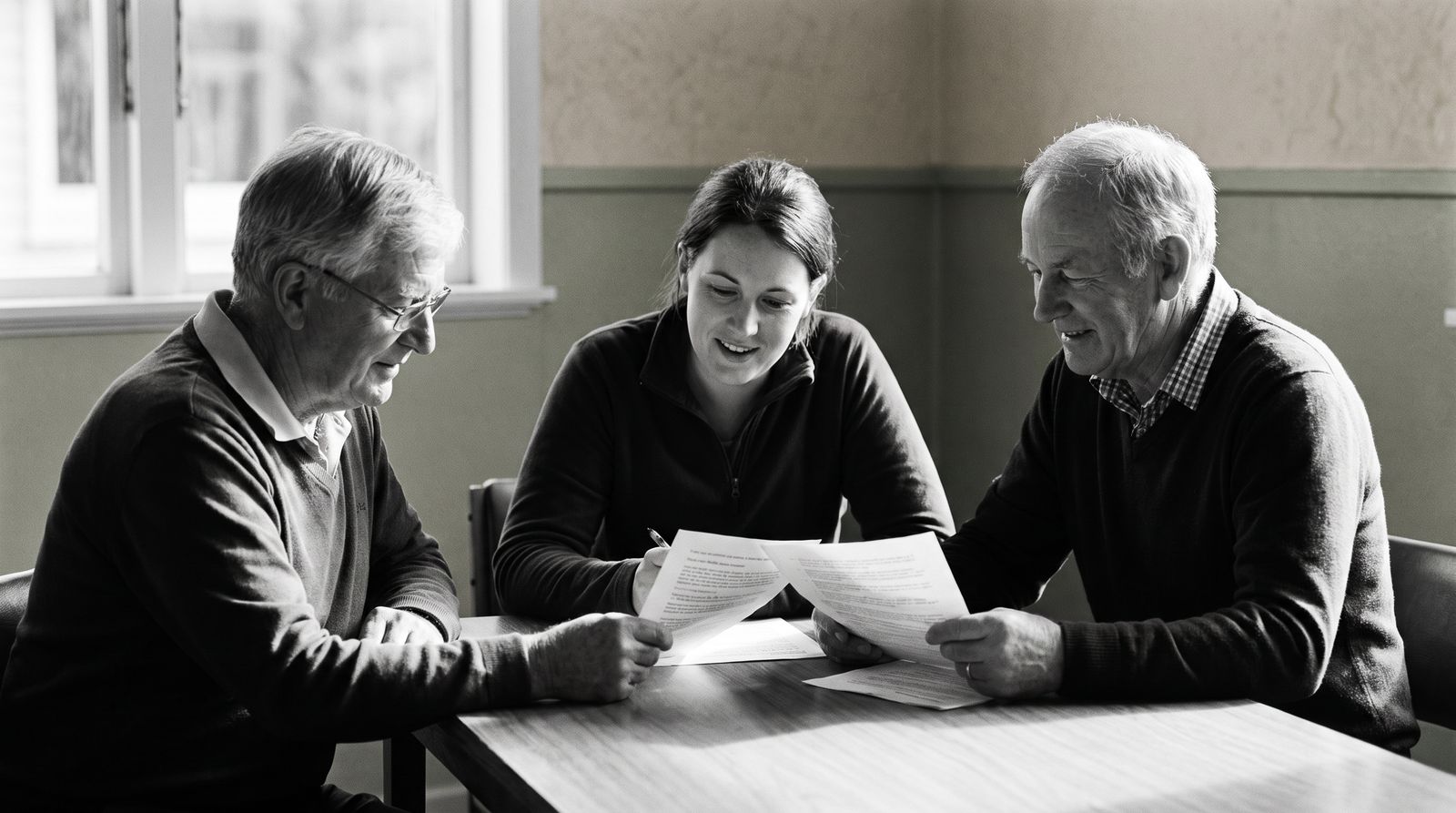 Three people sitting around a table in a community hall, reading through printed papers together.